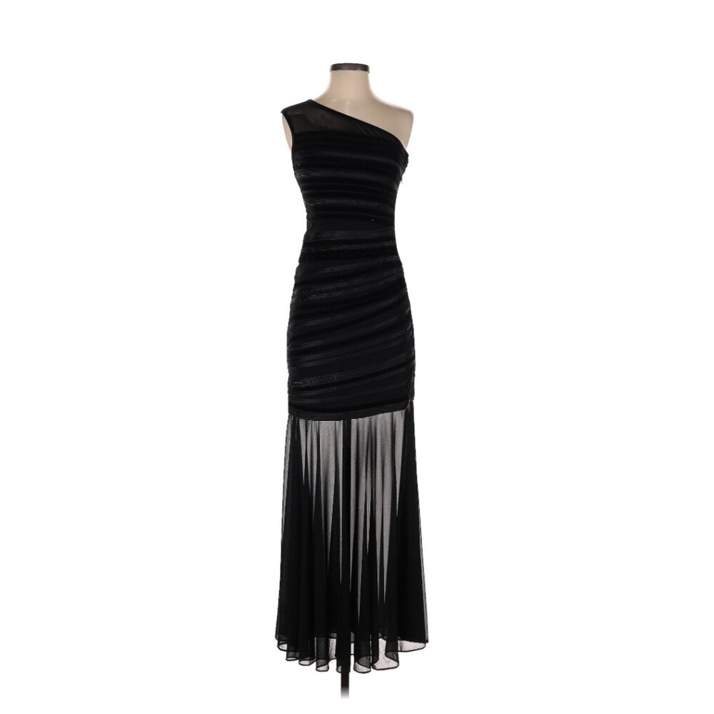 Halston Heritage One-Shoulder Black Fishtail Formal Gown with Velvet Stripes